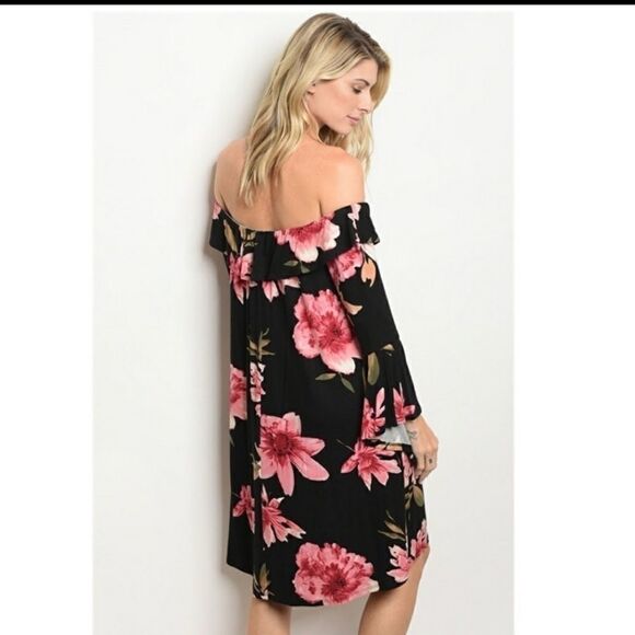 Black Floral Off-The-Shoulder Dress-Medium  - Picture 2 of 5